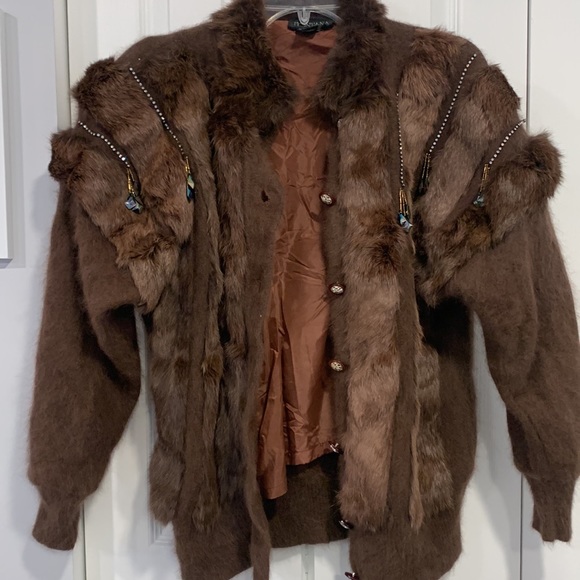 Angora Rabbit Fur Hair Vintage Genuine Embellished Rhinestone Jacket Size Large - Picture 12 of 14